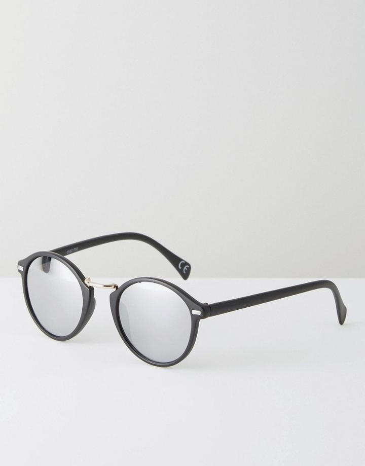 Asos Round Sunglasses In Matte Black With Mirror Lens - Black