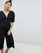 Asos Design Tea Jumpsuit With Kimono Sleeve And Button Detail - Black