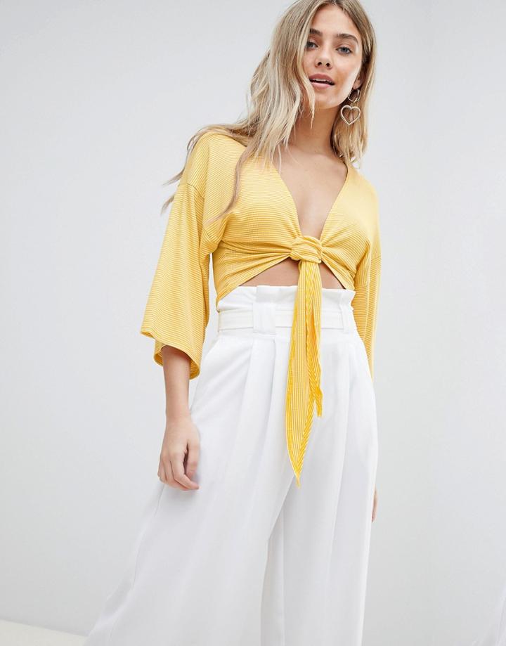 Prettylittlething Pinstripe Tie Front Crop Top - Yellow