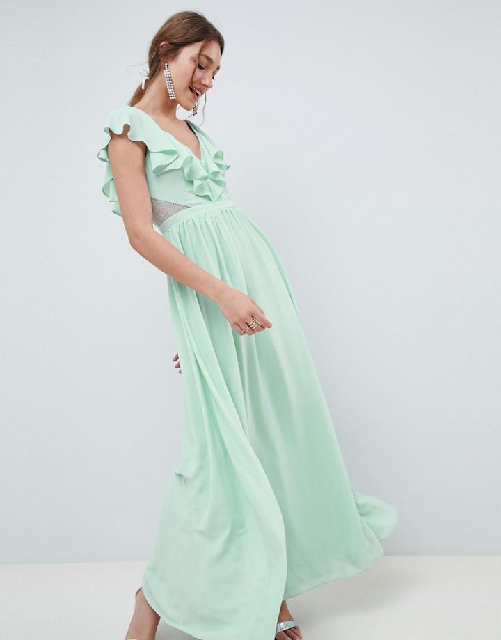 Asos Design Frill Wrap Lace Insert Maxi Dress-green