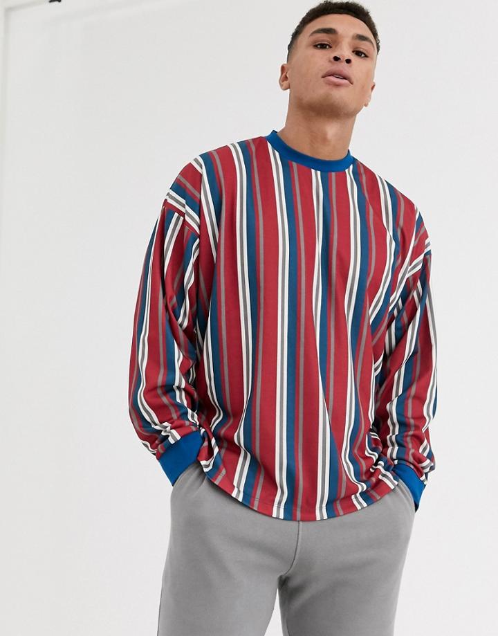 Asos Design Oversized Long Sleeve T-shirt With Vertical Stripes In Red