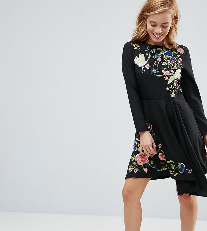 Asos Petite Pretty Embroidered Skater Dress - Black