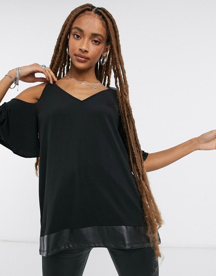 Lipsy Cold Shoulder Top With Pu Hem In Black