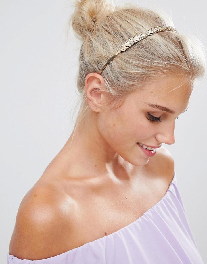 Asos Design Headband With Leaf Detail In Gold - Gold