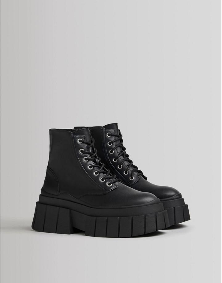 Bershka Chunky Lace Up Biker Boot In Black