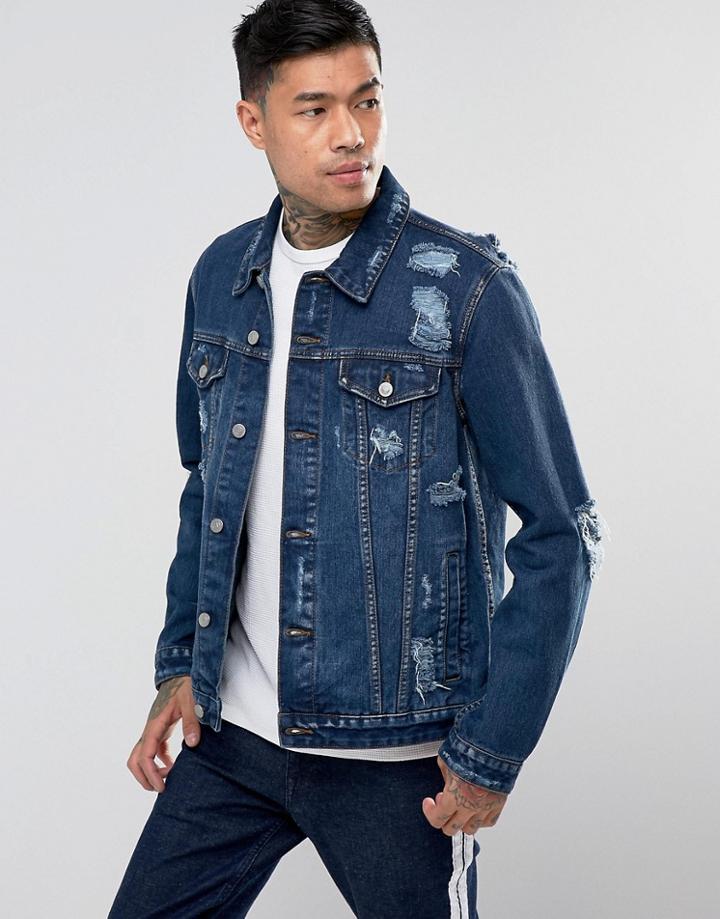 Asos Denim Jacket In Blue Wash With Extreme Rips - Blue