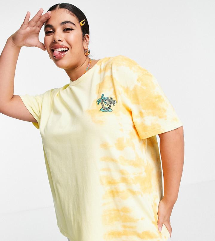 Native Youth Plus Vintage Tie Dye T-shirt With Palm Embroidery-yellow