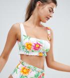 Asos Fuller Bust Hidden Underwire Floral Stripe Frill Square Neck Crop Bikini Top Dd-g - Multi