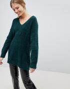 Bershka Brushed V Neck Oversized Sweater - Green