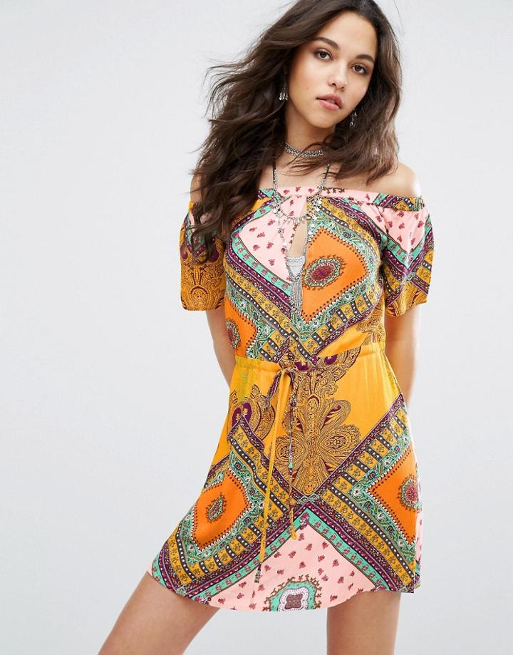 Missguided Patchwork Print Bardot Swing Dress - Yellow