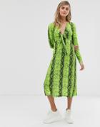 Asos Design Midi Dress With Knot Front In Snake Print-multi