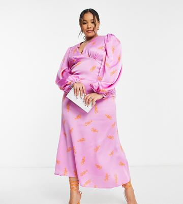 Never Fully Dressed Plus Exclusive Balloon Sleeve Maxi Dress In Orange Lobster Print-purple