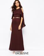 Fame And Partners Glam Capri Cape Maxi Dress With Metal Belt Detail - Chocolate Brown