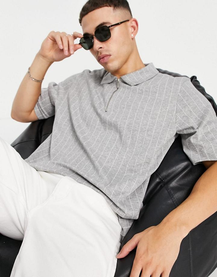 Topman Oversized Fit Interlock Polo With Vertical Pinstripe In Gray-grey