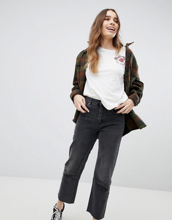 Pull & Bear Straight Leg Jean Cropped With Frayed Hem - Black