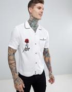 Asos Design Regular Fit Viscose Twill Shirt With Revere Collar And Embroidery In White - White