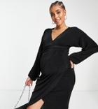 Asos Design Maternity Wrap Slinky Blouson Sleeve Midi Dress In Black