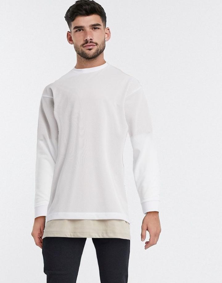 Asos Design Oversized Longline Long Sleeve T-shirt In White Mesh With T-shirt Underlayer-neutral