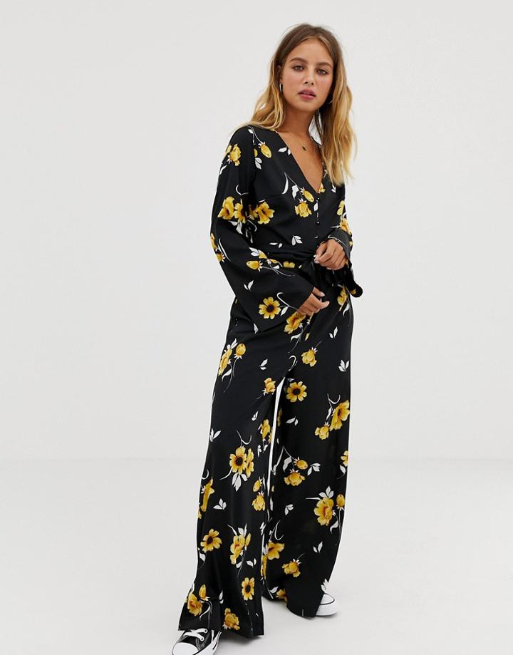 Influence Flared Sleeve Button Detail Wide Leg Jumpsuit In Floral Print - Black