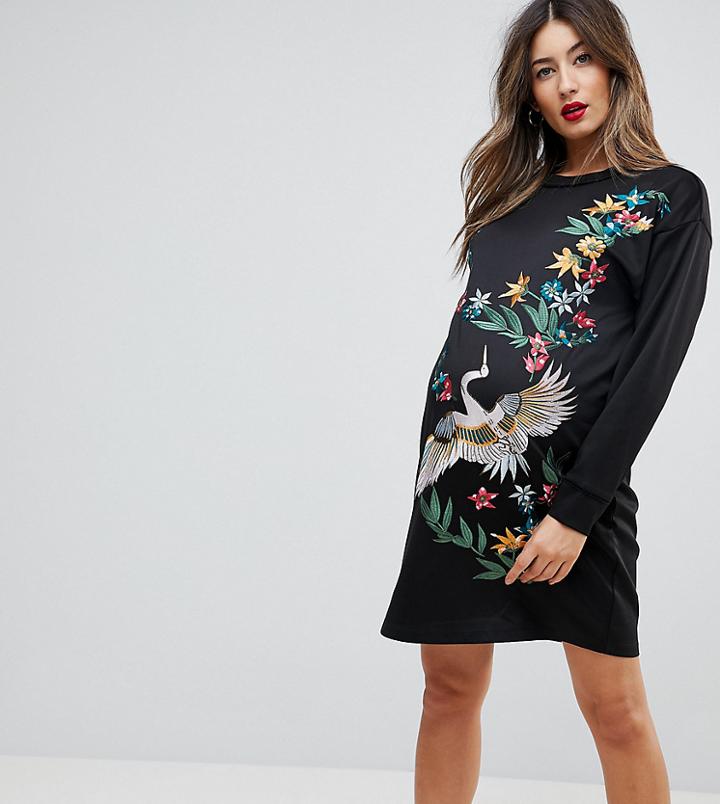 Asos Maternity Premium Stork Embroidered Scuba Sweat Dress-black
