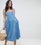 Asos Design Maternity Denim Button Through Midi Dress In Midwash Blue - Blue