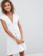 Asos Design Mini Dress With Belt And Tortoiseshell Buttons - White