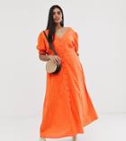 Neon Rose Plus Button Front Maxi Dress In Broderie - Orange