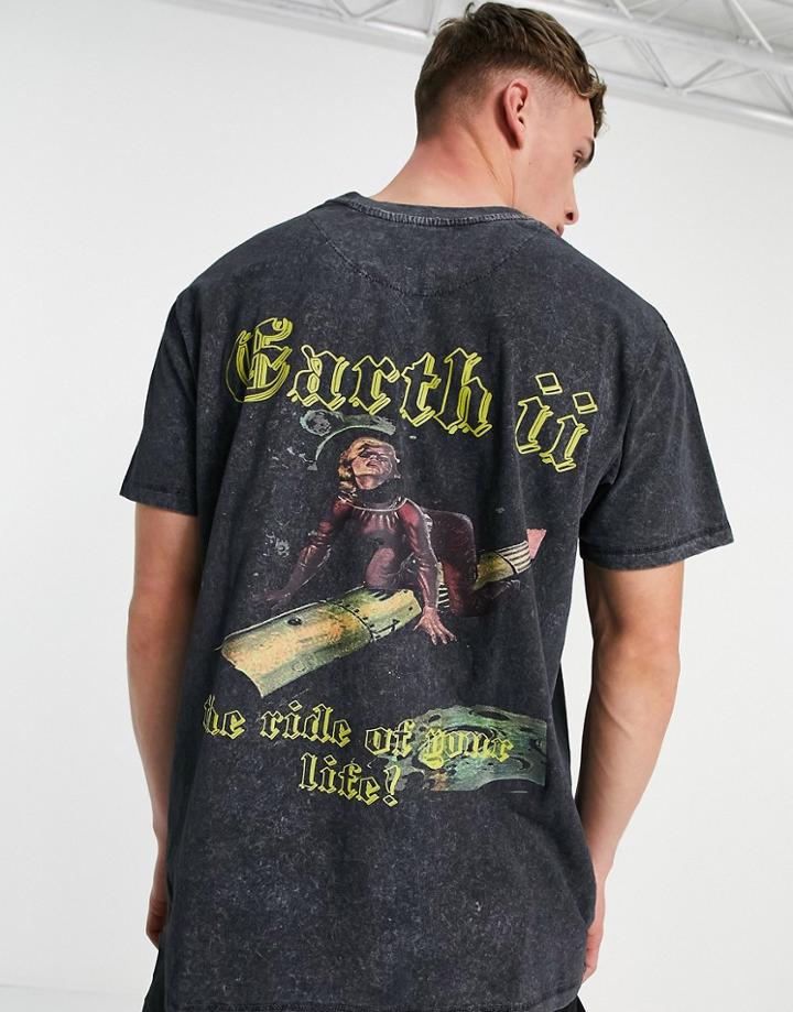 Night Addict Earth Back Print T-shirt In Acid Wash Black