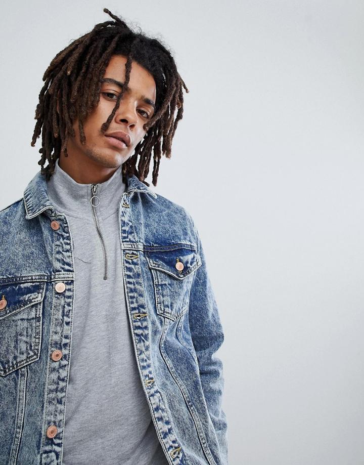 Mennace Denim Jacket In Acid Wash With Distressing - Blue