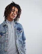Mennace Denim Jacket In Acid Wash With Distressing - Blue