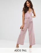 Asos Tall Wrap Front Belted Jumpsuit In Velvet - Pink