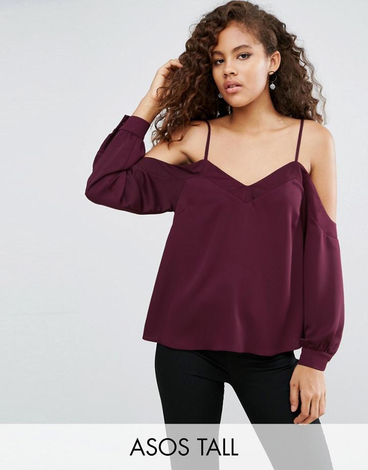 Asos Tall V Neck Satin Cold Shoulder Top - Red