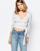 Lost Ink Wrap Front Cropped Knit Top - Gray