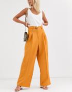 Asos Design Belted Pleat Front Wide Leg Pants - Orange