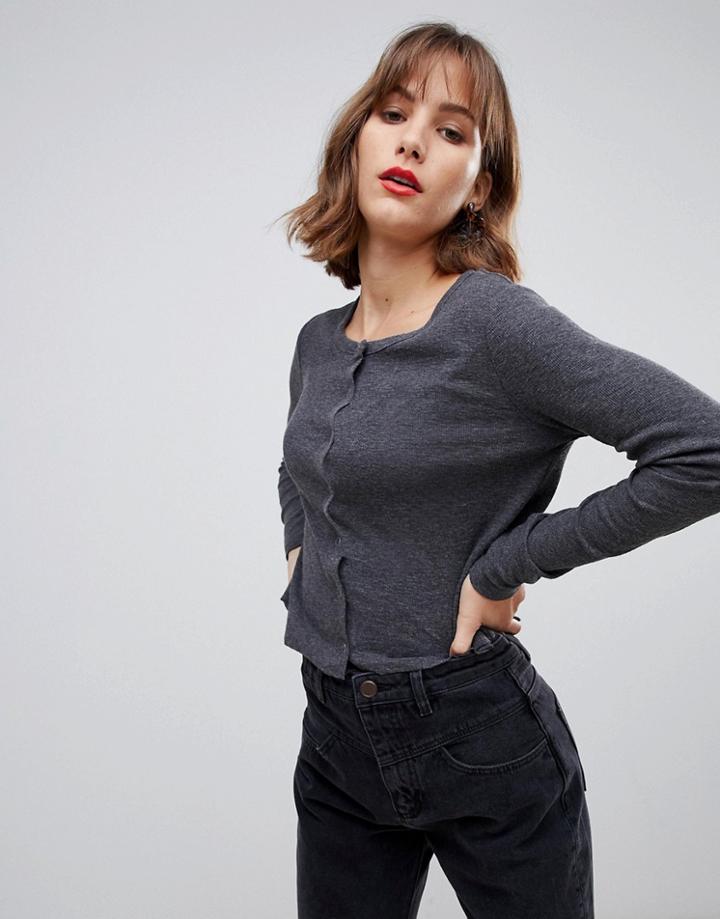Stradivarius Str Long Sleeved Popper Front Top - Gray