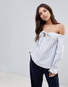 The English Factory Stripe Off Shoulder Top With Bow - White