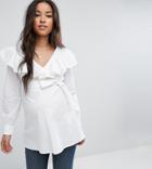 Asos Maternity Long Sleeve Cotton Blouse With Ruffle Front & Tie Waist - White