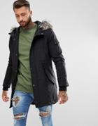 Yourturn Heavyweight Parka In Black With Faux Fur Hood - Black