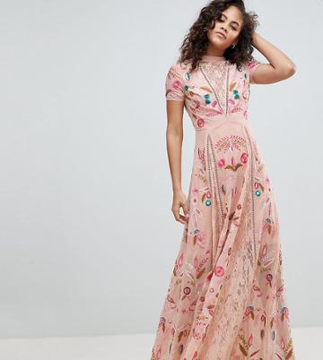 Frock And Frill Tall Allover Embroidered Plunge Front Maxi Dress - Cream