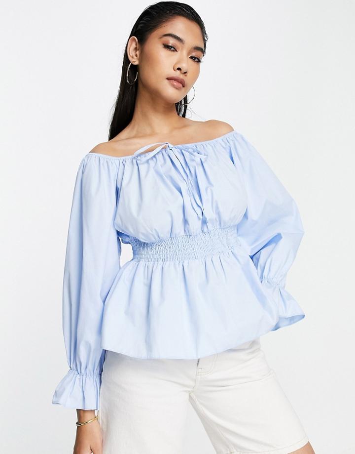 River Island Poplin Off The Shoulder Blouse In Light Blue
