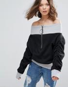 Daisy Street Off The Shoulder Zip Sweatshirt - Black