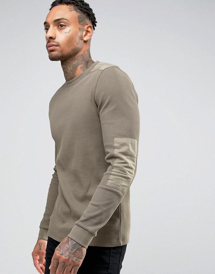 Asos Muscle Long Sleeve T-shirt With Pigment Wash In Waffle Fabric Wit