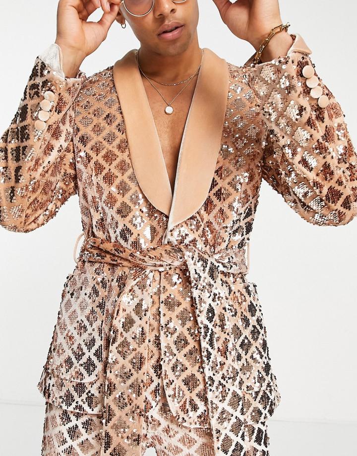 Asos Design Skinny Smoking Suit Jacket In Diamond Sequin In Champagne-gold