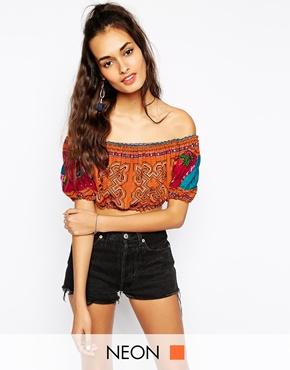 Mochi Crop Top In Bardot Shape - Orange