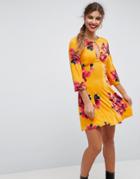 Asos Mini Tea Dress With Fluted Sleeves In Orchid Print-multi