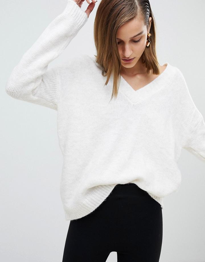 Stradivarius Cross V Neck Knitted Sweater - Cream