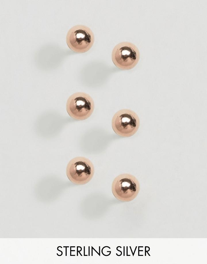 Asos Sterling Silver Rose Gold Plated Pack Of 3 Ball Stud Earrings - C