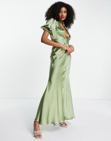 Asos Design Satin Bias Maxi Tea Dress With Belt-green