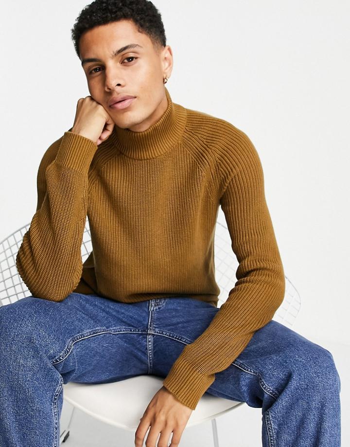 Selected Homme Cotton High Neck Jumper In Tan - Tan-brown