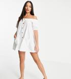 Asos Design Tall Off Shoulder Button Through Swing Romper In White